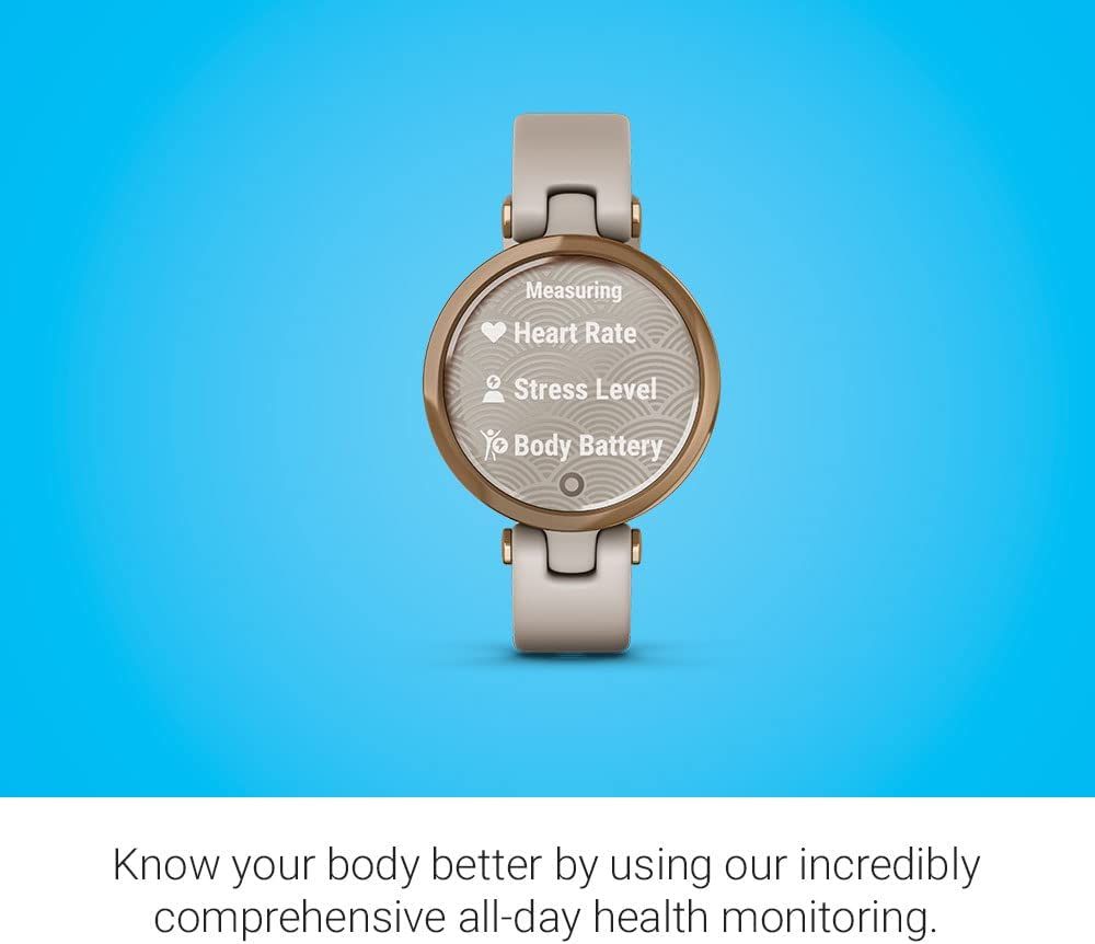 Garmin Lily™, Small GPS Smartwatch with Touchscreen and Patterned Lens, Rose Gold and Light Tan