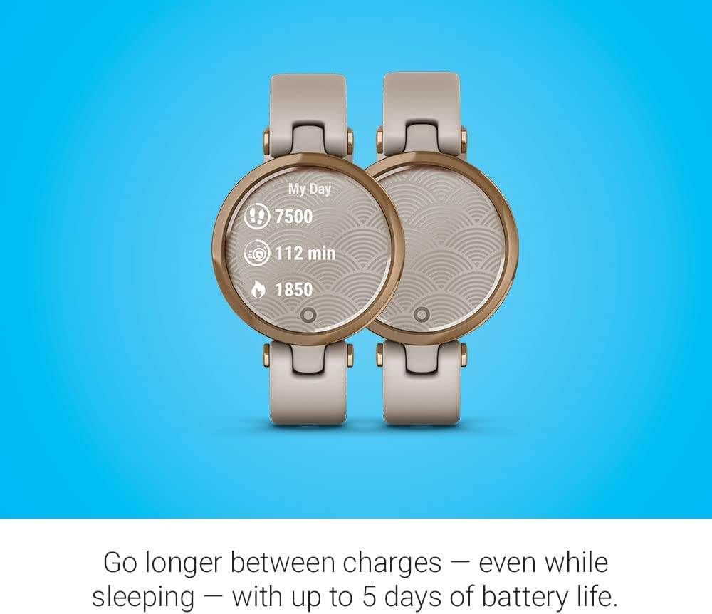 Garmin Lily™, Small GPS Smartwatch with Touchscreen and Patterned Lens, Rose Gold and Light Tan