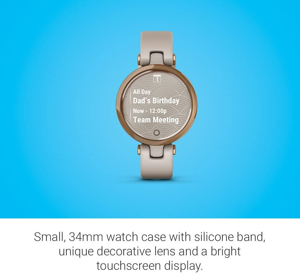 Garmin Lily™, Small GPS Smartwatch with Touchscreen and Patterned Lens, Rose Gold and Light Tan