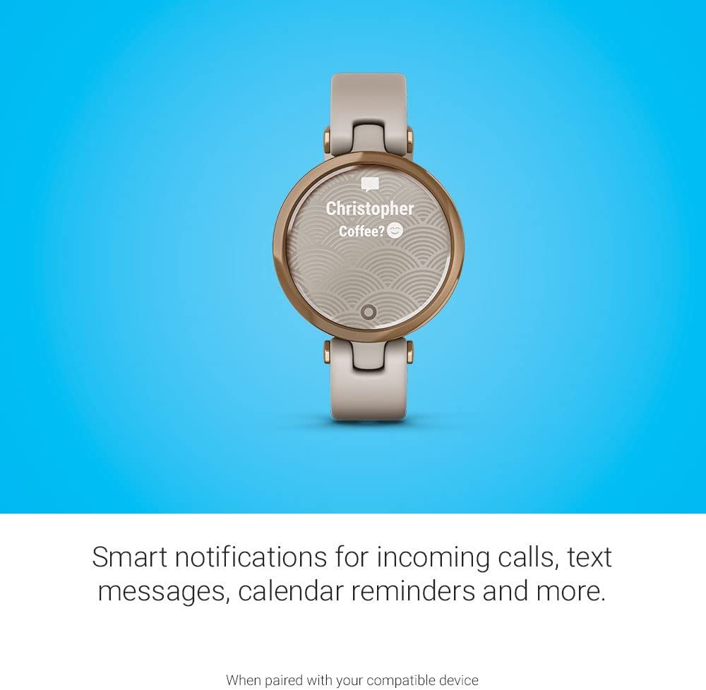 Garmin Lily™, Small GPS Smartwatch with Touchscreen and Patterned Lens, Rose Gold and Light Tan