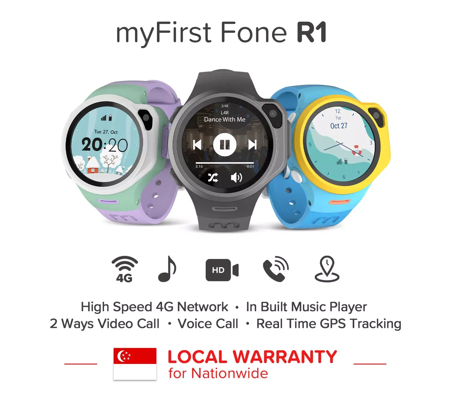 Oaxis MyFirst Fone R1 4G Music Kids Smart Watch Phone with GPS Tracker & Video Call Smart Watch for Kids Compatible with Wireless Headphones