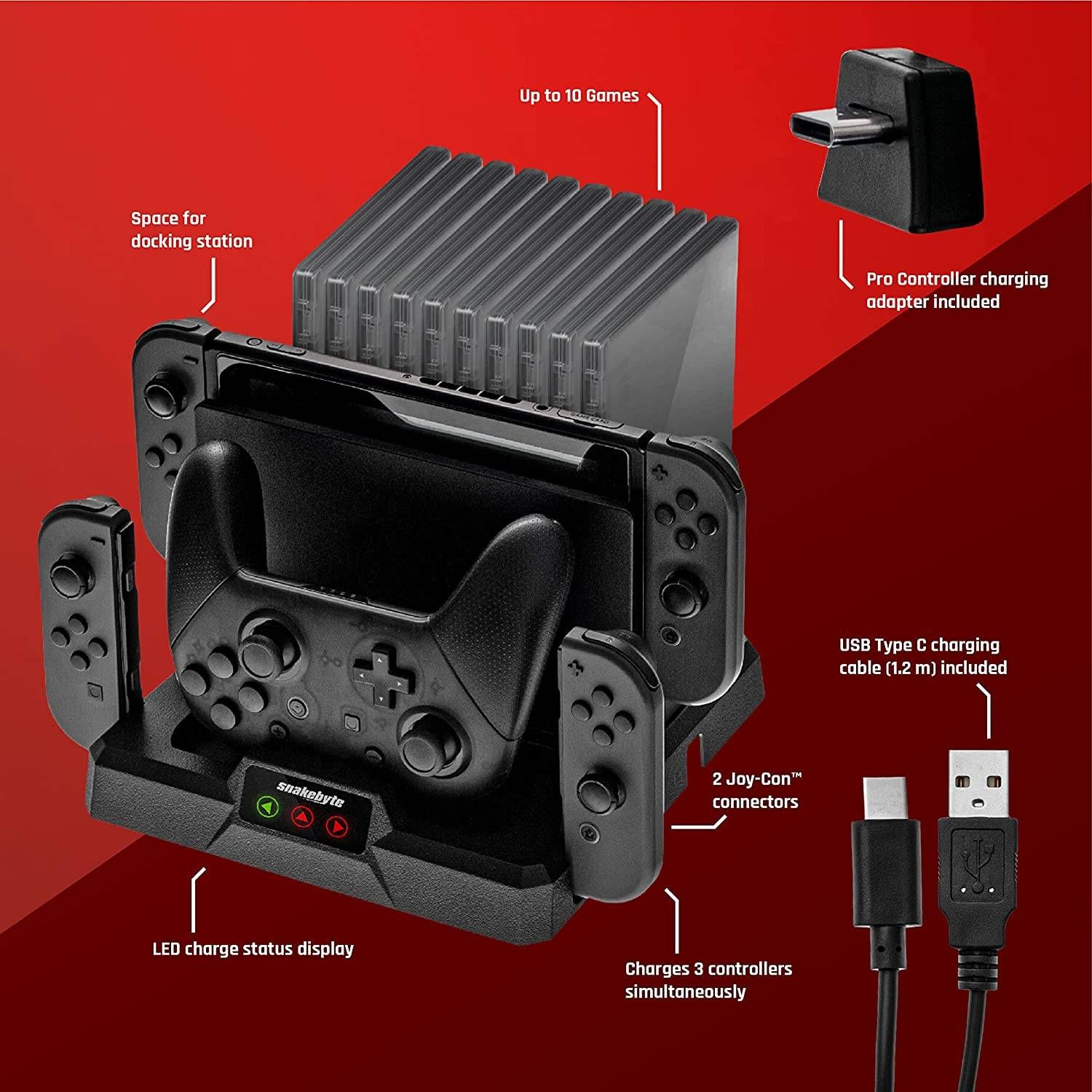 snakebyte DUAL CHARGE BASE S - Nintendo Switch charging station incl. Type-C cable, all-in-one organiser (10 games), charging function for 1 Pro Controller and 2 Joy-Cons, docking station, LED display