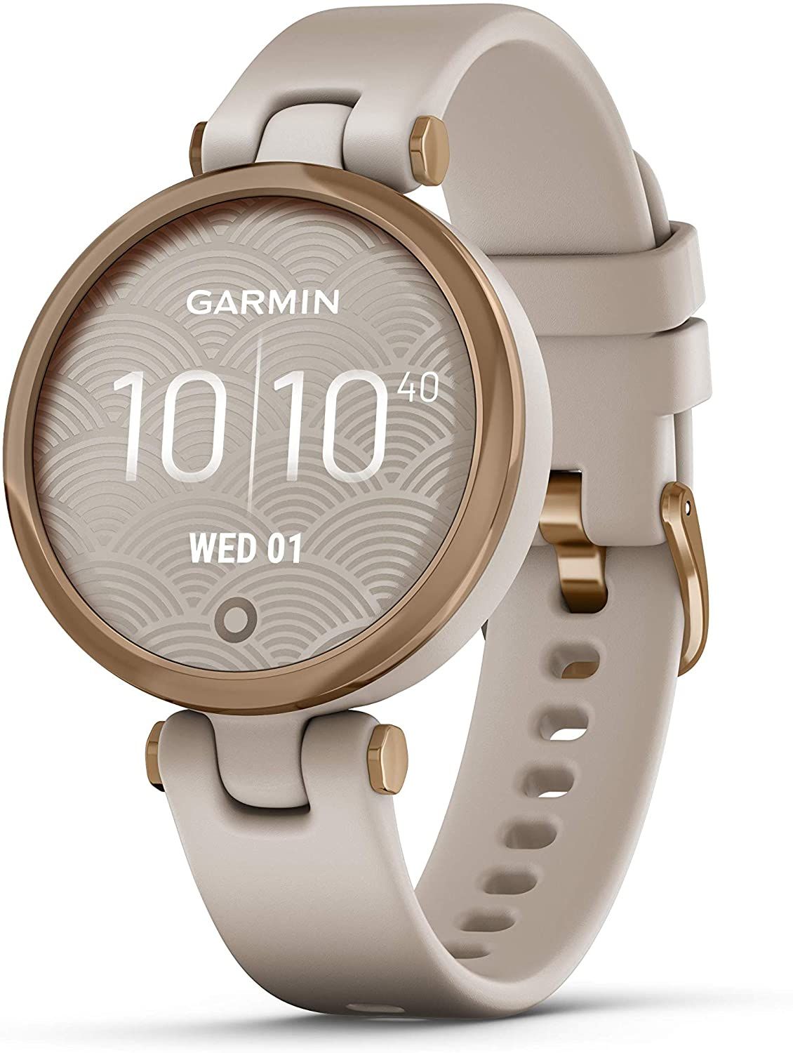 Garmin Lily™, Small GPS Smartwatch with Touchscreen and Patterned Lens, Rose Gold and Light Tan