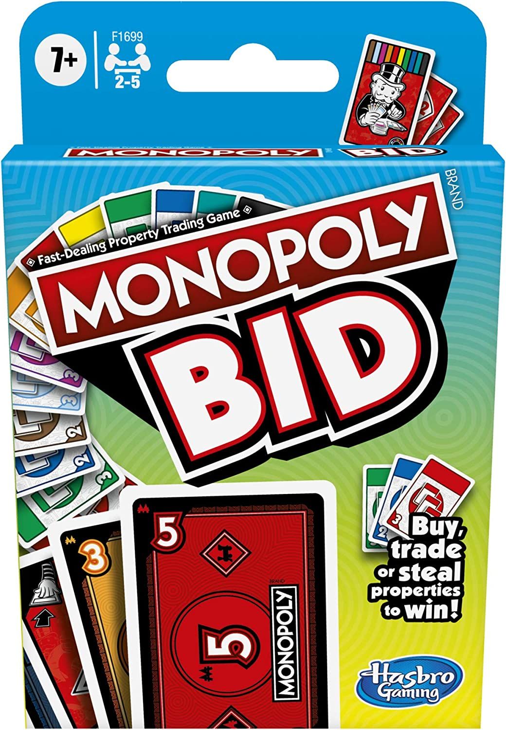 Monopoly Bid Game, Quick-Playing Card Game for 4 Players, Game for Families and Kids Ages 7 and Up