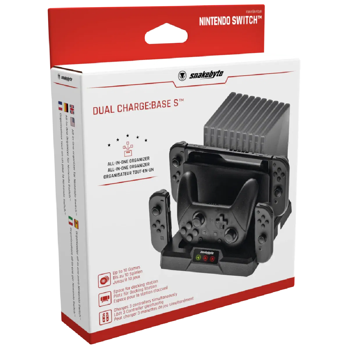 snakebyte DUAL CHARGE BASE S - Nintendo Switch charging station incl. Type-C cable, all-in-one organiser (10 games), charging function for 1 Pro Controller and 2 Joy-Cons, docking station, LED display