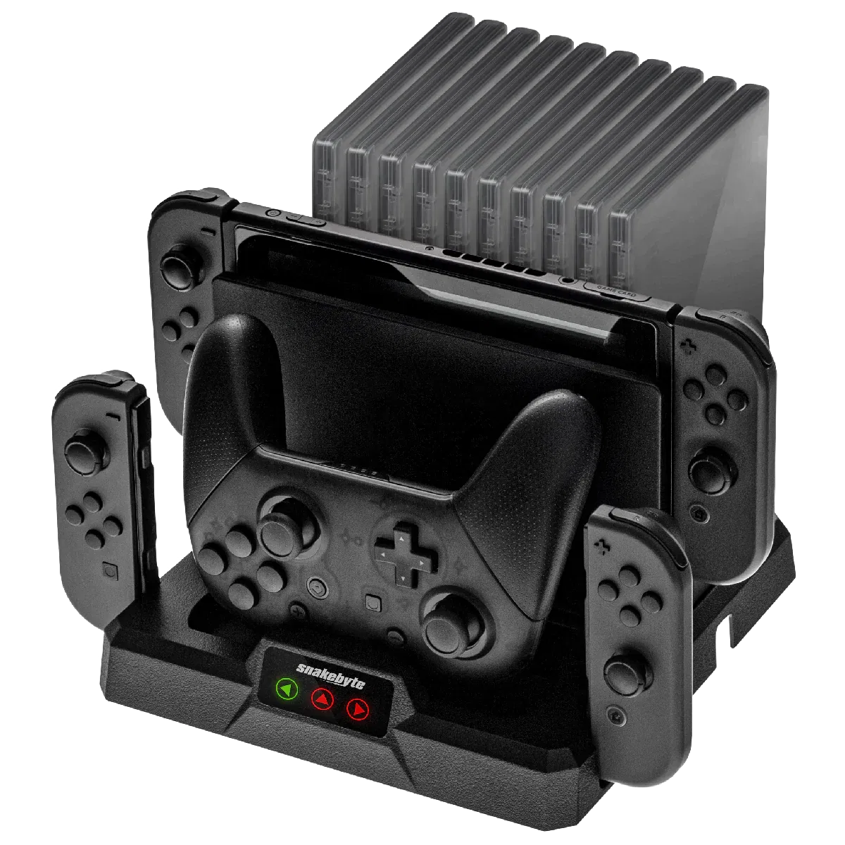 snakebyte DUAL CHARGE BASE S - Nintendo Switch charging station incl. Type-C cable, all-in-one organiser (10 games), charging function for 1 Pro Controller and 2 Joy-Cons, docking station, LED display