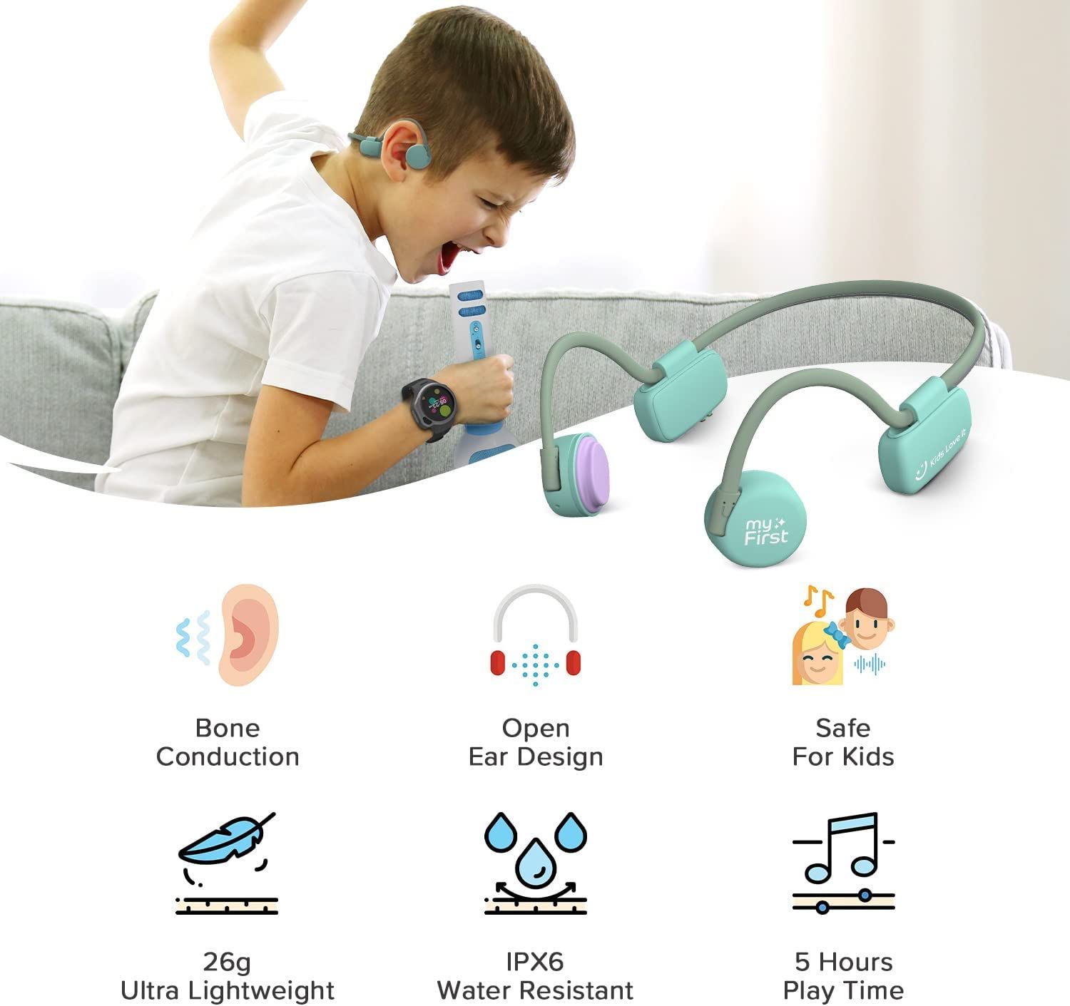 myFirst Bone Conduction Headphone Wireless - Open Ear Design Official Headphones with Bluetooth Wireless IPX6 Flexible Waterproof for Kids/Adults