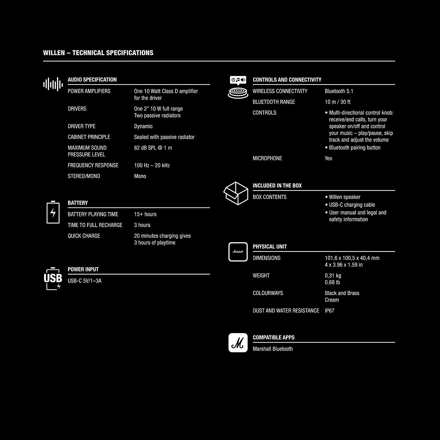 Marshall Willen Portable Bluetooth Speaker - Black & Brass