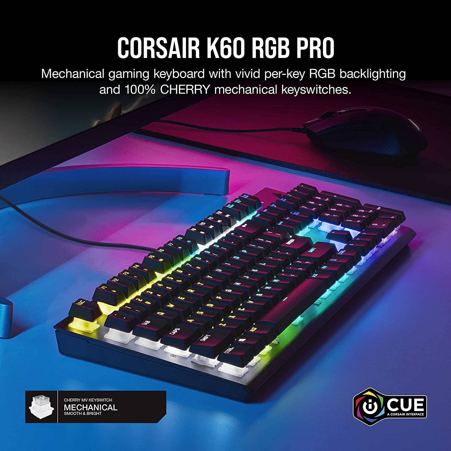 Corsair K60 RGB Pro Mechanical Gaming Keyboard - CHERRY Mechanical Keyswitches - Durable AluminumFrame - Customizable Per-Key RGB Backlighting, Black