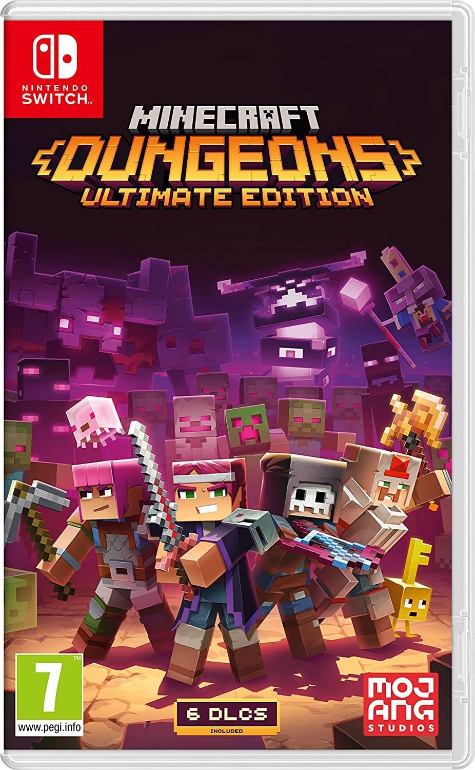 Minecraft Dungeons Hero Edition - Nintendo Switch Fight your way through an all-new action-adventure game, inspired by classic dungeon crawlers and set in the Minecraft universe! Brave the dungeons alone, or team up with friends! Up to four players can battle together through action-packed, treasure-stuffed, wildly varied levels – all in an epic quest to save the villagers and take down the evil Arch-Illager! The Hero Edition includes a Hero Cape, two player skins, and a chicken pet. It also includes Jungle Awakens and Creeping Winter DLC when they become available. Power Up! Unlock dozens of unique items and weapon enchantments for devastating special attacks Multiplayer! Up to four players can team up and fight together in co-op mode Options! Personalize your character, then fight up-close and personal with melee swings, hang back with ranged attacks, or tank your way through swarms of mobs, shielded by heavy armour! Epicness! Explore treasure-stuffed levels in a quest to take down the evil Arch-Illager!