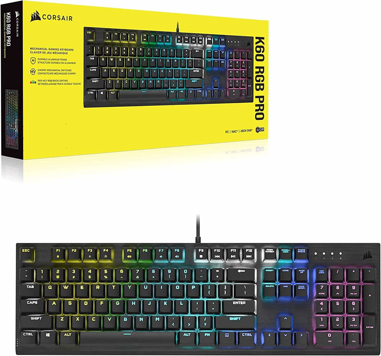 Corsair K60 RGB Pro Mechanical Gaming Keyboard - CHERRY Mechanical Keyswitches - Durable AluminumFrame - Customizable Per-Key RGB Backlighting, Black