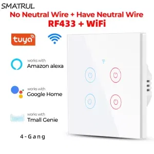 SMATRUL Tuya/Smart life WiFi Smart Switch Wall Light Switches No Neutral Wire 4 Gang Timer Home Automation Work for Google Home/Alexa/Tmall Genius