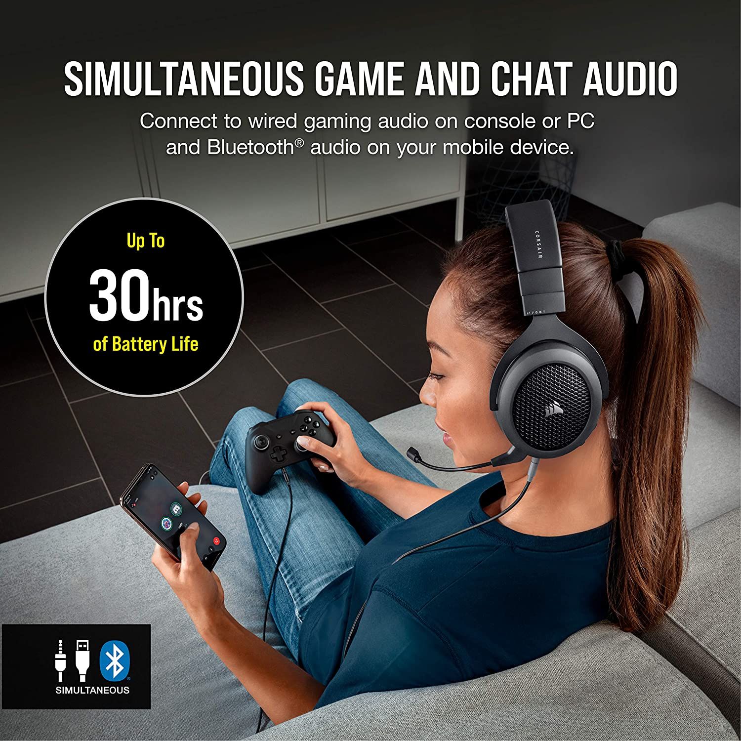 Corsair HS70 BLUETOOTH Wired Gaming Headset with Bluetooth (Wired Compatibility with Xbox/PlayStation and Wireless Bluetooth with PC/Switch/iOS/Android, Up to 30 Hours of Battery Life) Carbon