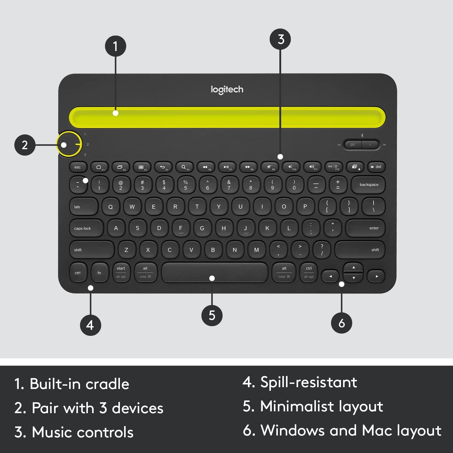 Logitech K480 Wireless Multi-Device Bluetooth Keyboard Compatible with PC, Mac, iPad, Laptop, Smartphone, Tablet