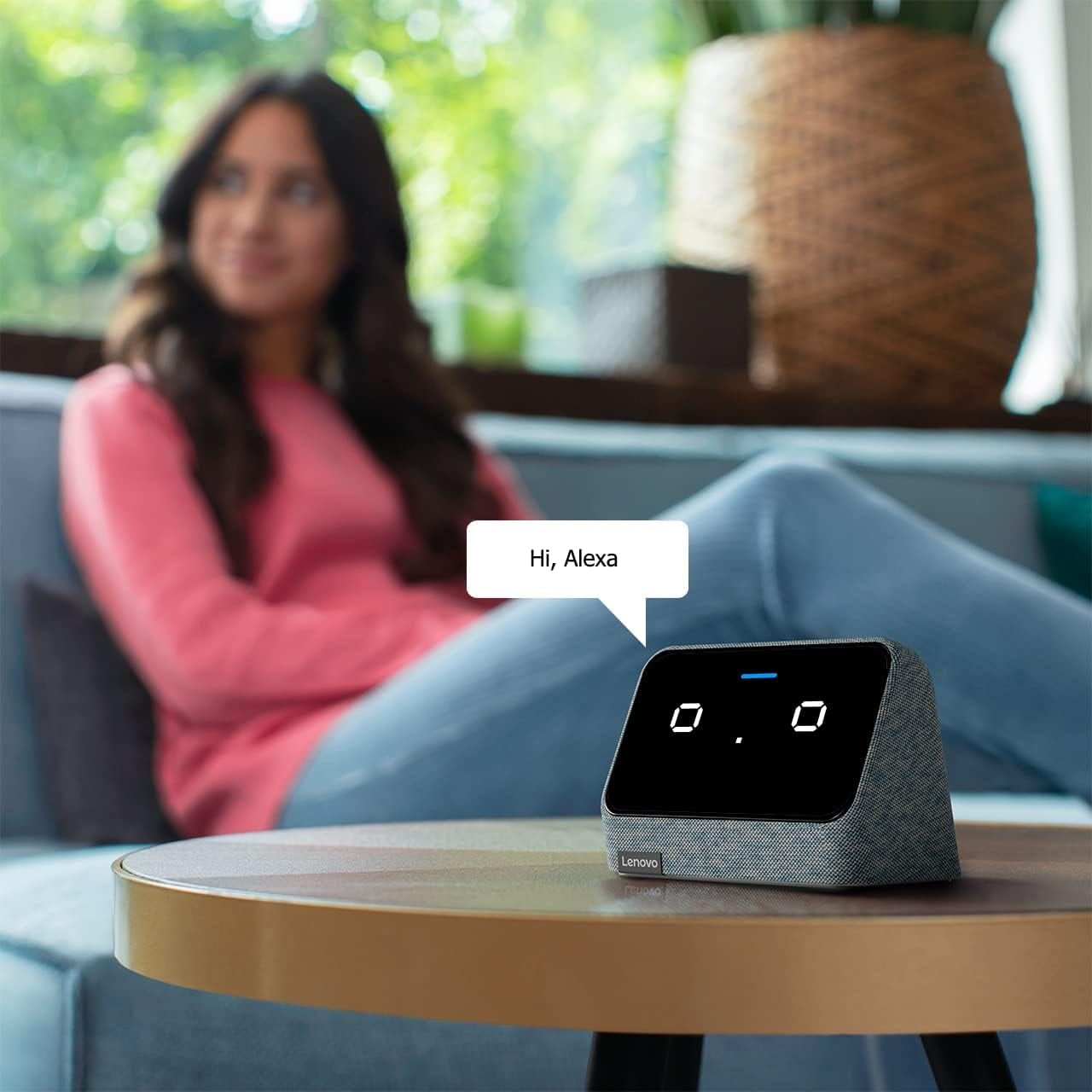 Lenovo Smart Clock Essential with Alexa Built-in - Digital LED with Auto-Adjust Brightness, Alarm Clock, Speaker and Mic-Misty Blue