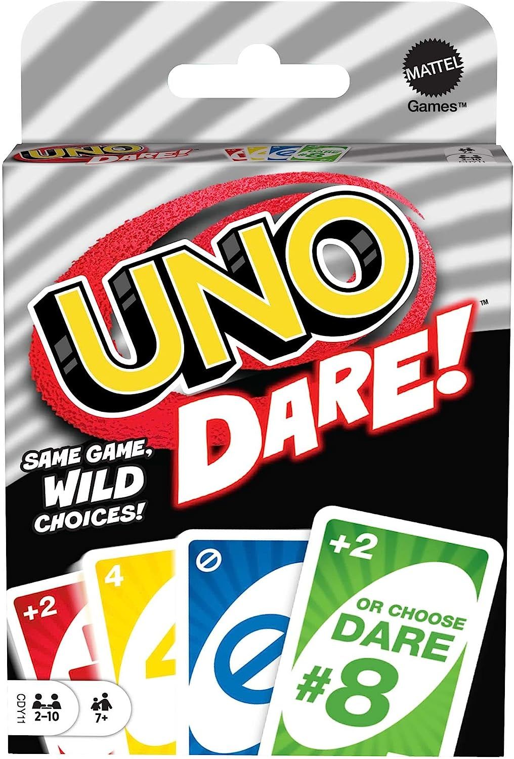 UNO Dare Card Game for Family Night Featuring Challenging and Silly Dares from 3 Different Categories
