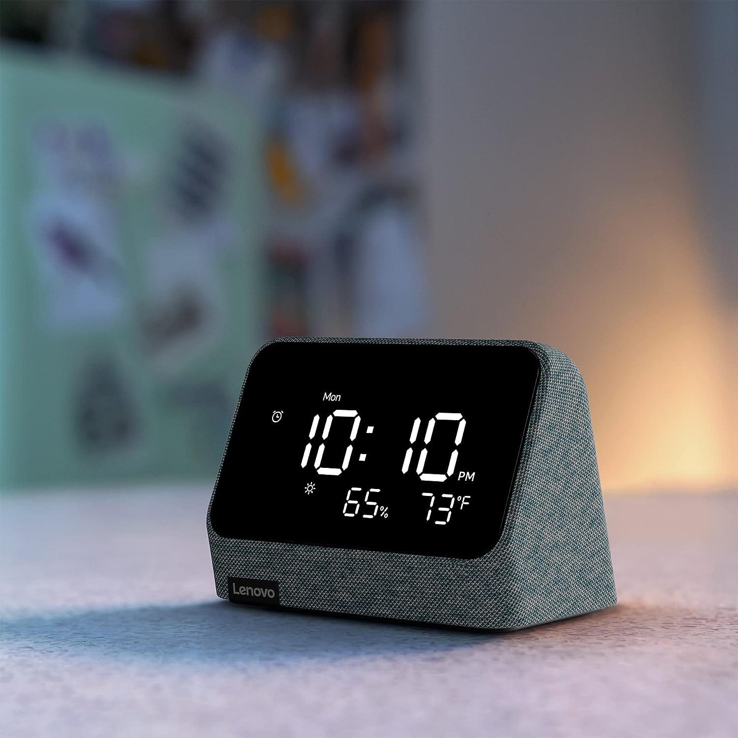 Lenovo Smart Clock Essential with Alexa Built-in - Digital LED with Auto-Adjust Brightness, Alarm Clock, Speaker and Mic-Misty Blue