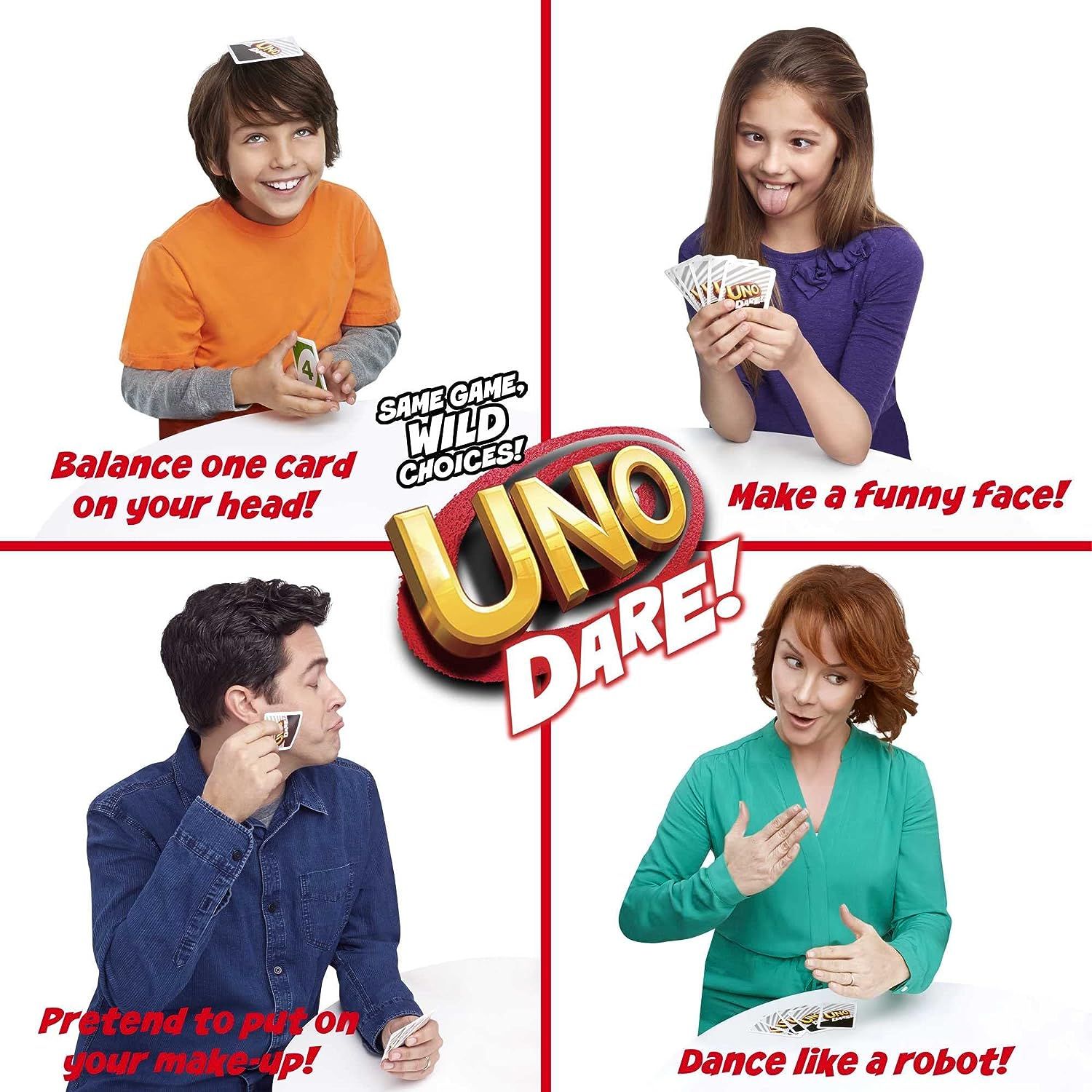 UNO Dare Card Game for Family Night Featuring Challenging and Silly Dares from 3 Different Categories