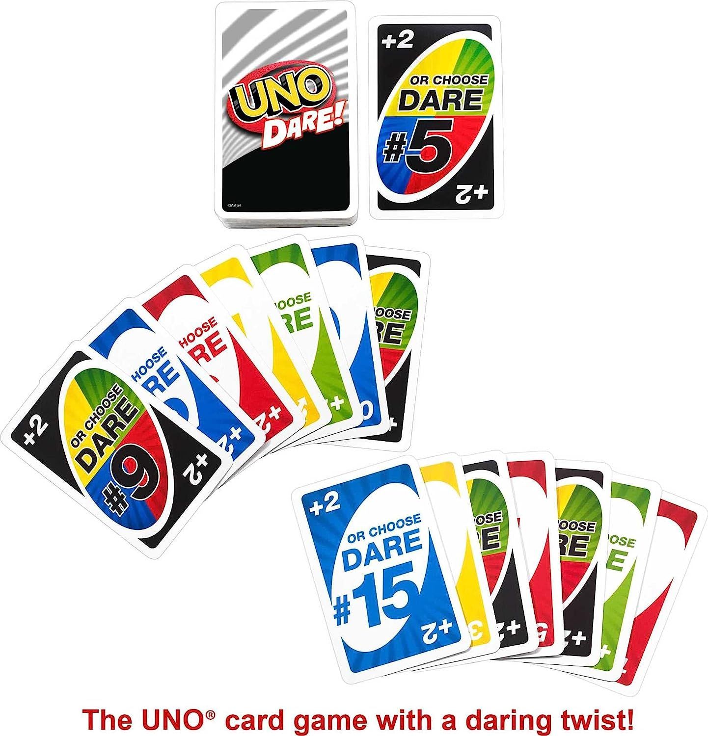 UNO Dare Card Game for Family Night Featuring Challenging and Silly Dares from 3 Different Categories