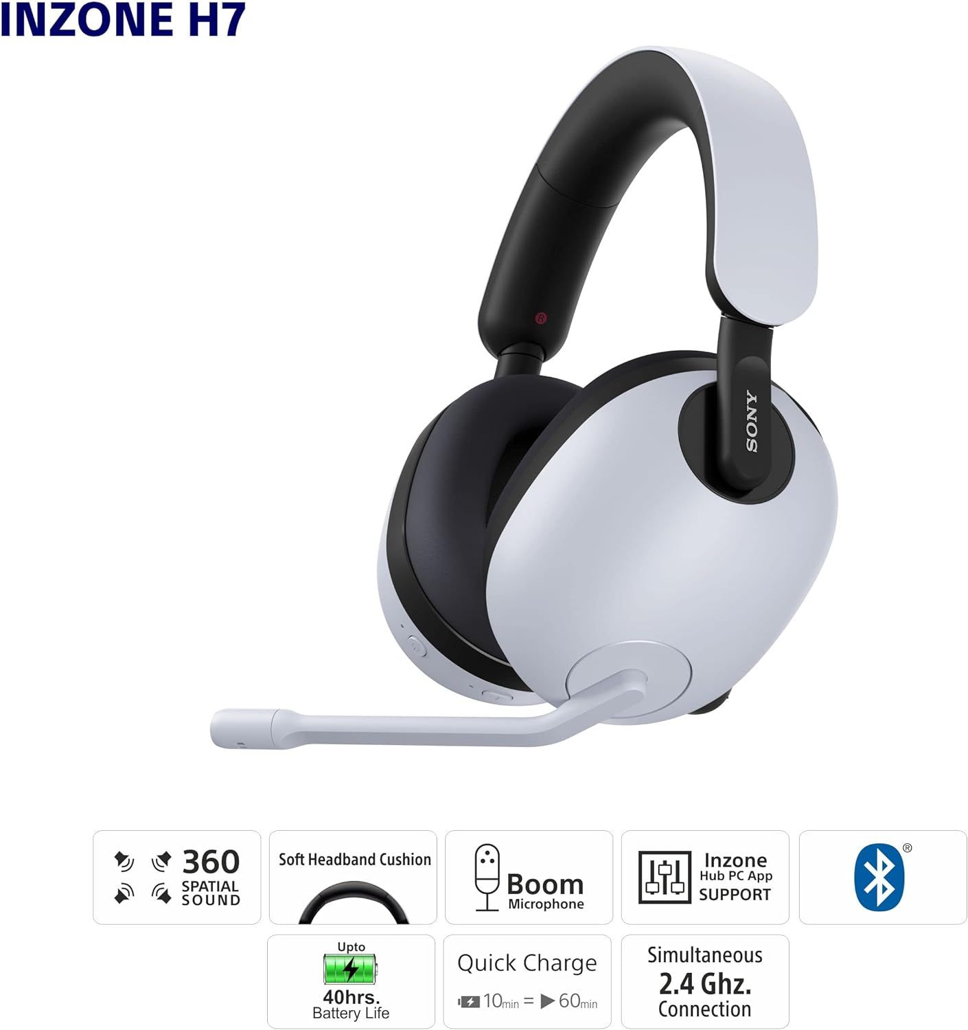 Sony-INZONE H7 Wireless Gaming Headset, Over-ear Headphones with 360 Spatial Sound, WH-G700,White
