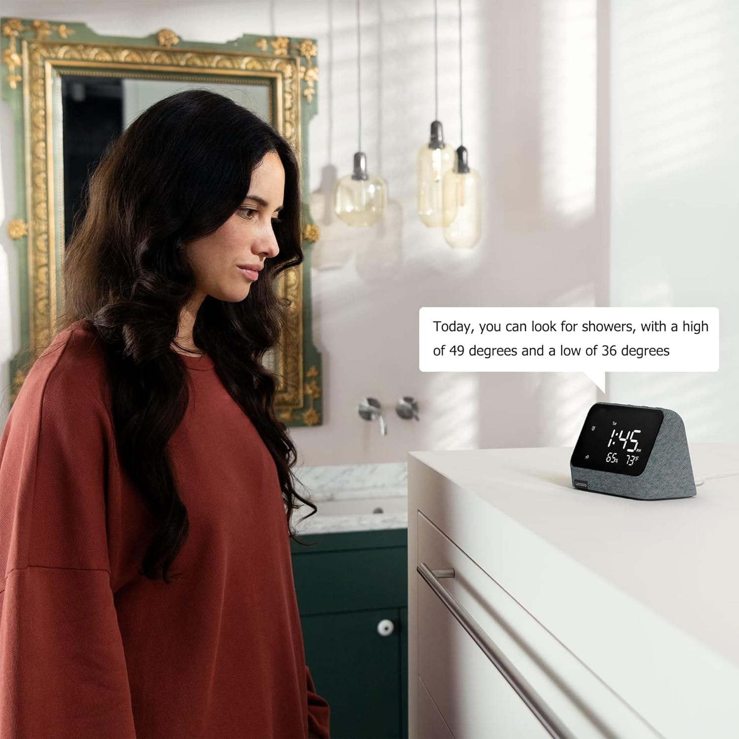 Lenovo Smart Clock Essential with Alexa Built-in - Digital LED with Auto-Adjust Brightness, Alarm Clock, Speaker and Mic-Misty Blue