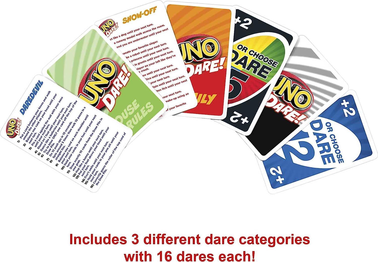 UNO Dare Card Game for Family Night Featuring Challenging and Silly Dares from 3 Different Categories