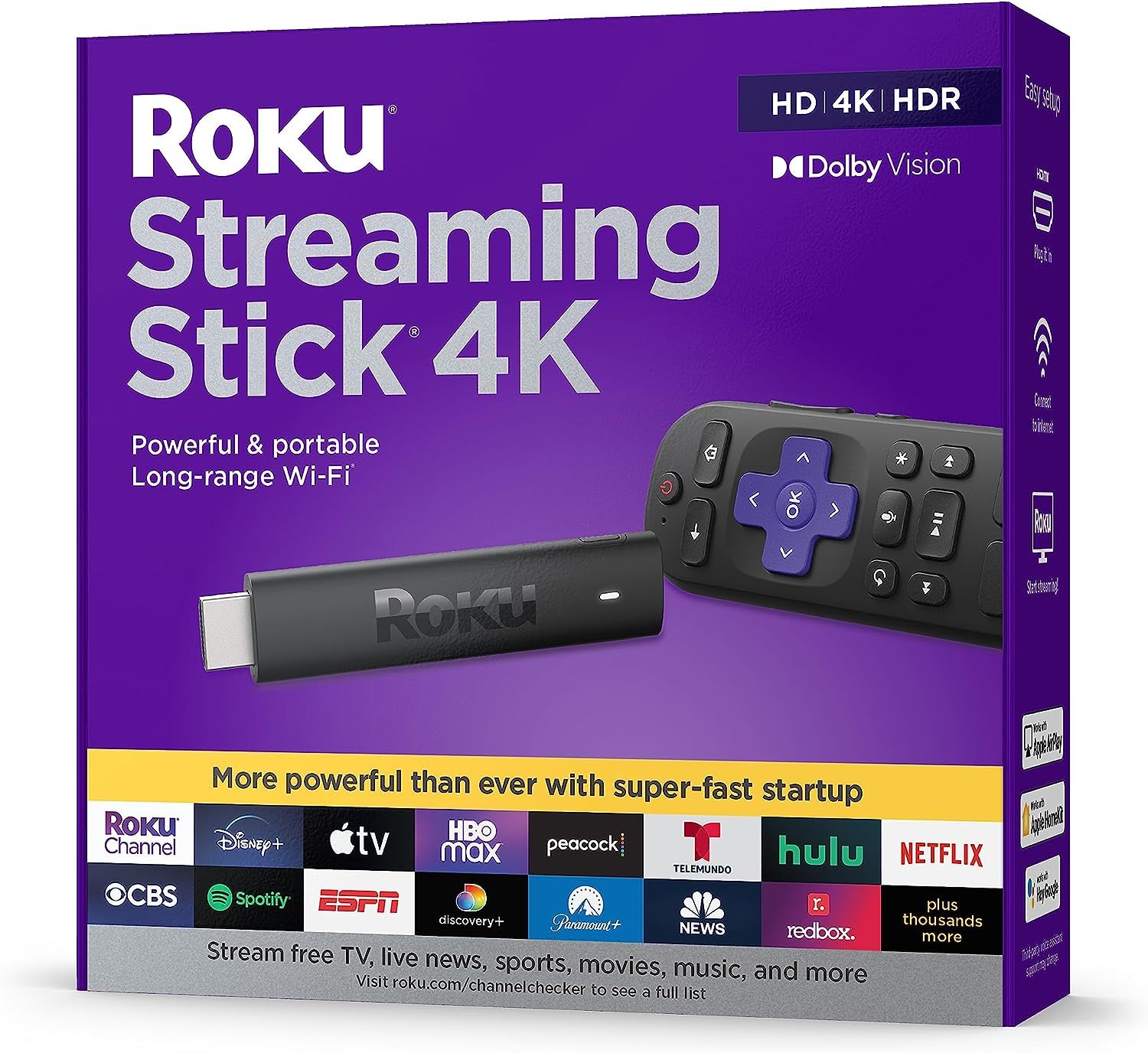 Roku Streaming Stick 4K | Portable Roku Streaming Device 4K/HDR/Dolby Vision, Roku Voice Remote, Free & Live TV