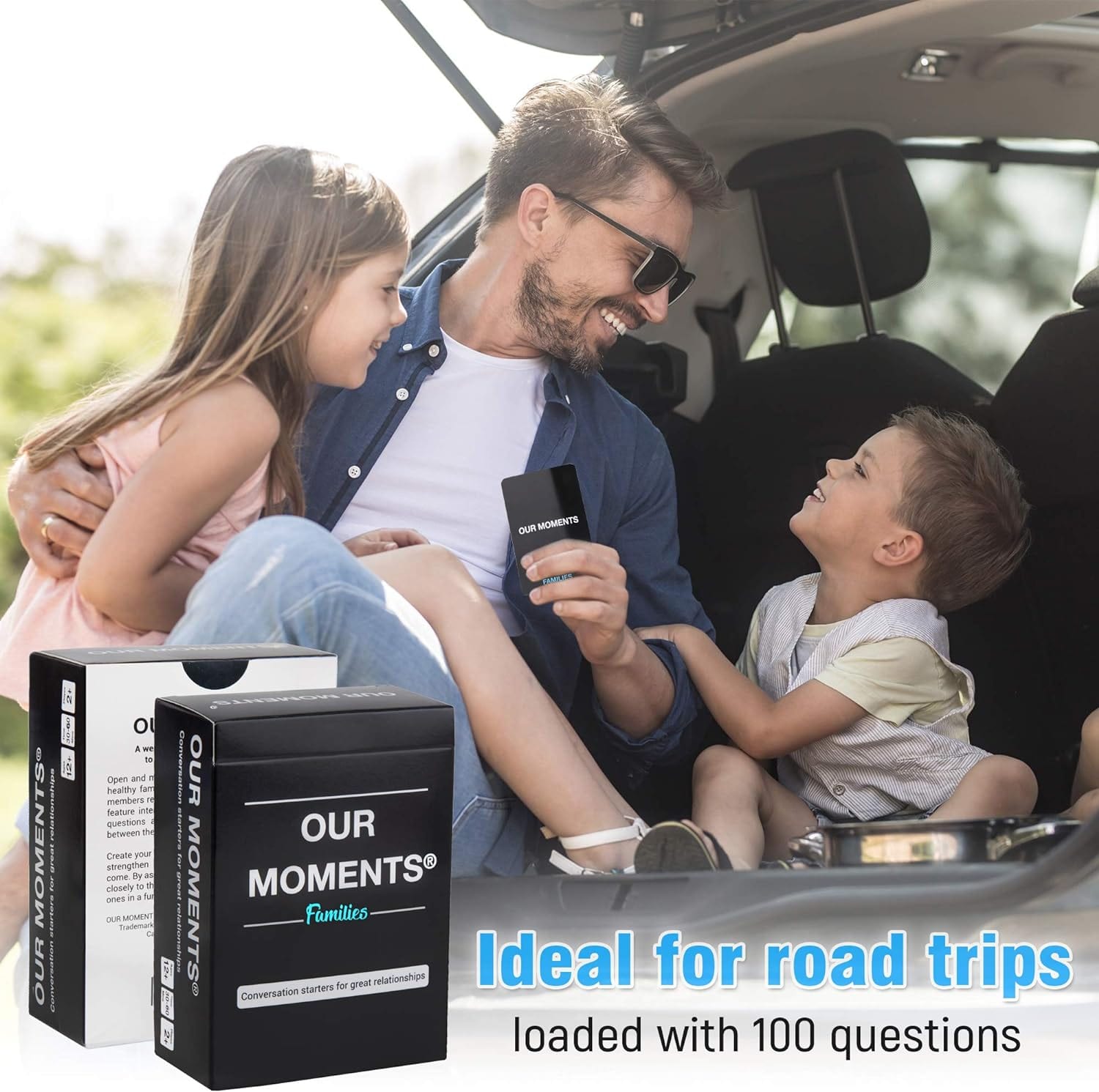 OUR MOMENTS Families: 100 Conversation Starter Cards for Families and Kids - Relationship Building - Car Travel, Road Trip & Card Game for Better Family Bonding