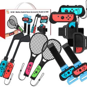 JYS Sport Accessories Bundle for Switch - Tennis Racket,Football Leg Strap,Golf Club,Wrist Strap&Joycon Grip holder