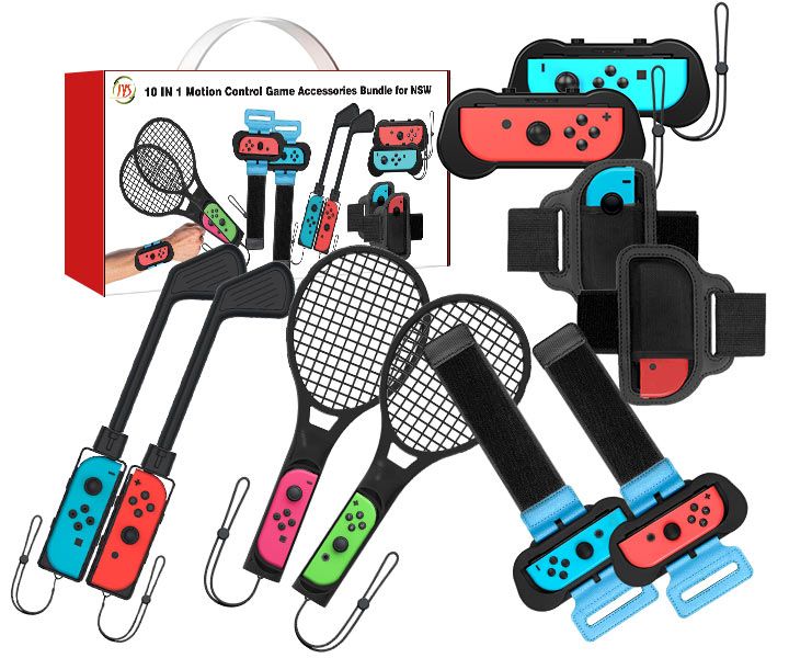 JYS Sport Accessories Bundle for Switch - Tennis Racket,Football Leg Strap,Golf Club,Wrist Strap&Joycon Grip holder