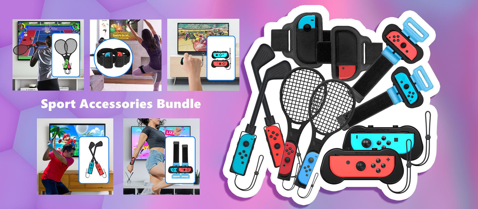 JYS Sport Accessories Bundle for Switch - Tennis Racket,Football Leg Strap,Golf Club,Wrist Strap&Joycon Grip holder