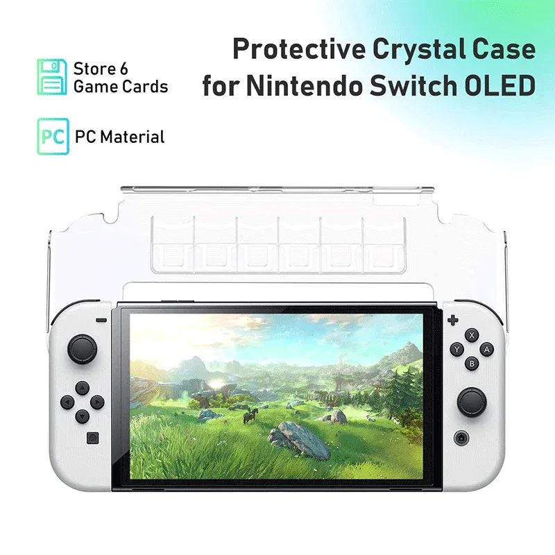 Dobe Crystal Case for Switch OLED with 6 Cartridge Holders - Shock Absorption All Around Protective Cover- Transparent