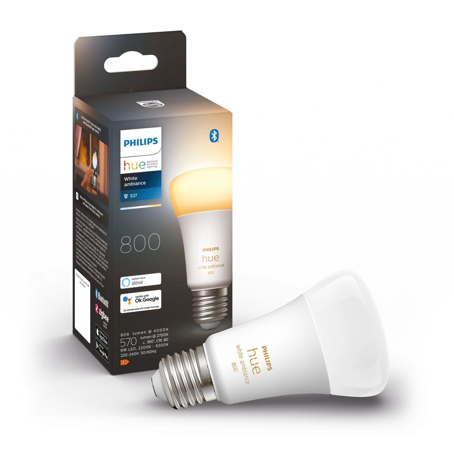 Philips Hue White Ambiance E27|A60 Smart Bulb, Lumens, Bluetooth & Zigbee Compatible (Hue Hub Optional), Works with Alexa & Google Assistant