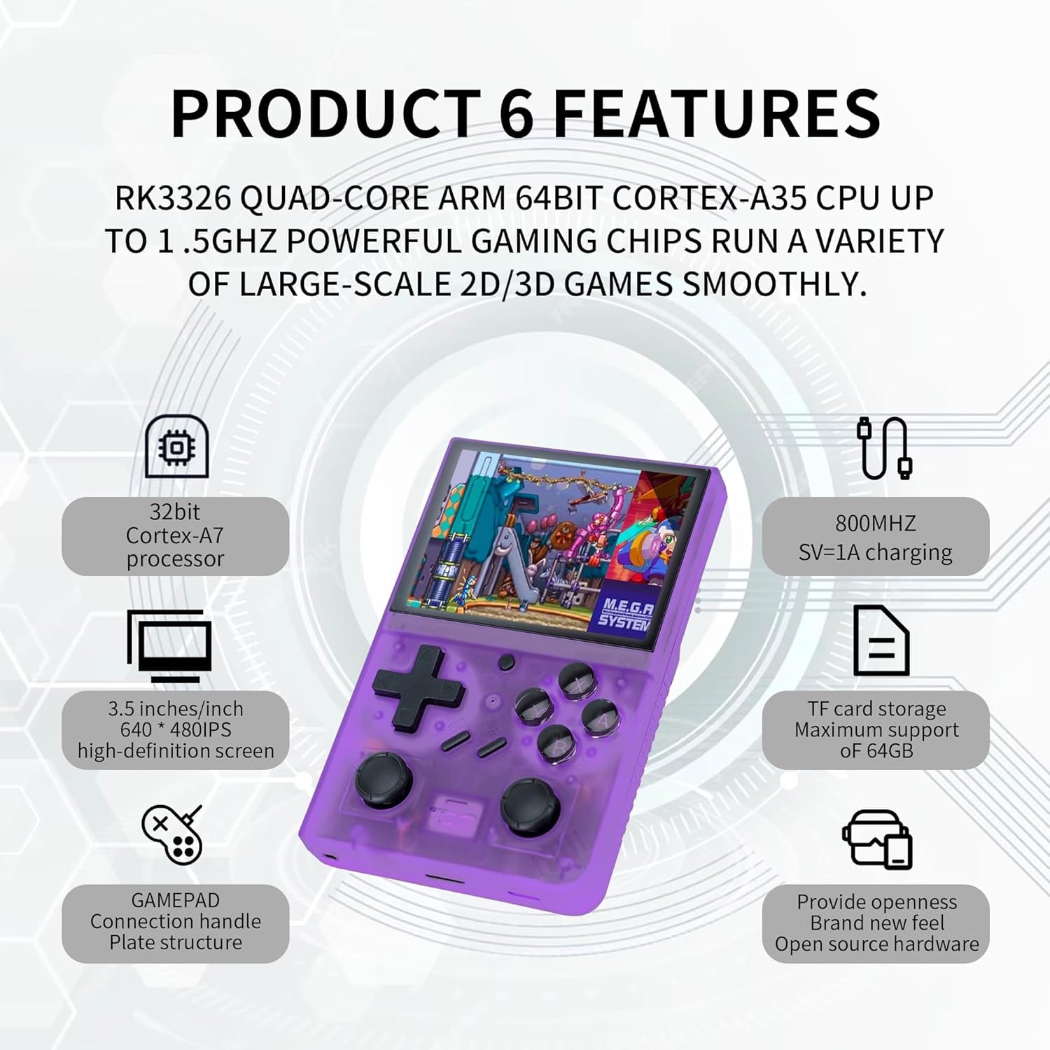 D-R35PLUS Handheld Game Console, 10,000+ Games Optional, Built in Emulators, 3.5 Inch IPS Screen 4 Core 1.5 GHZ Pocket Gaming Console