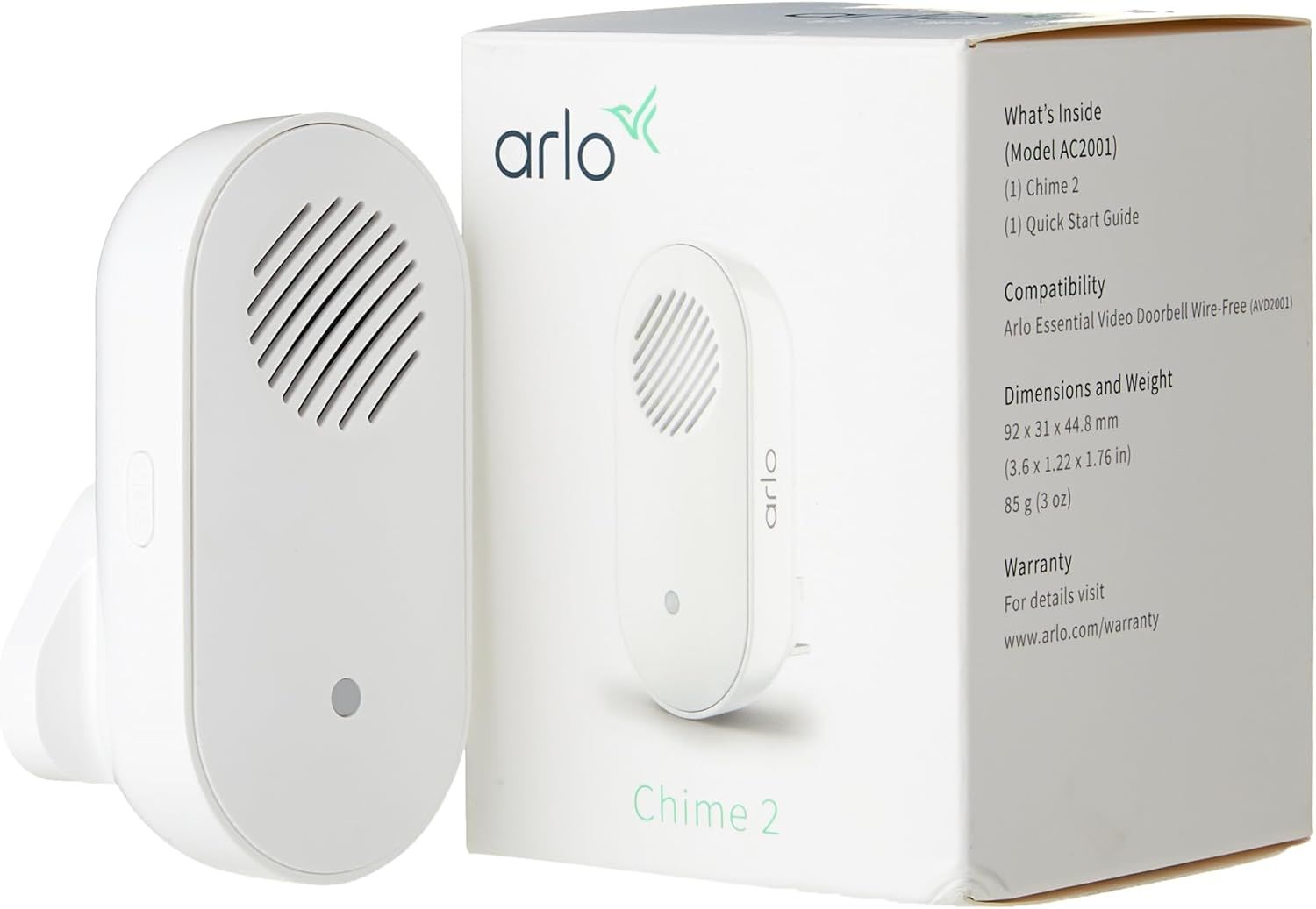 Arlo Chime 2, Accessory,Built-in Siren,Customizable Melody,Wi-Fi,Arlo Video Doorbell Compatible,AVD2001, Indoor - White