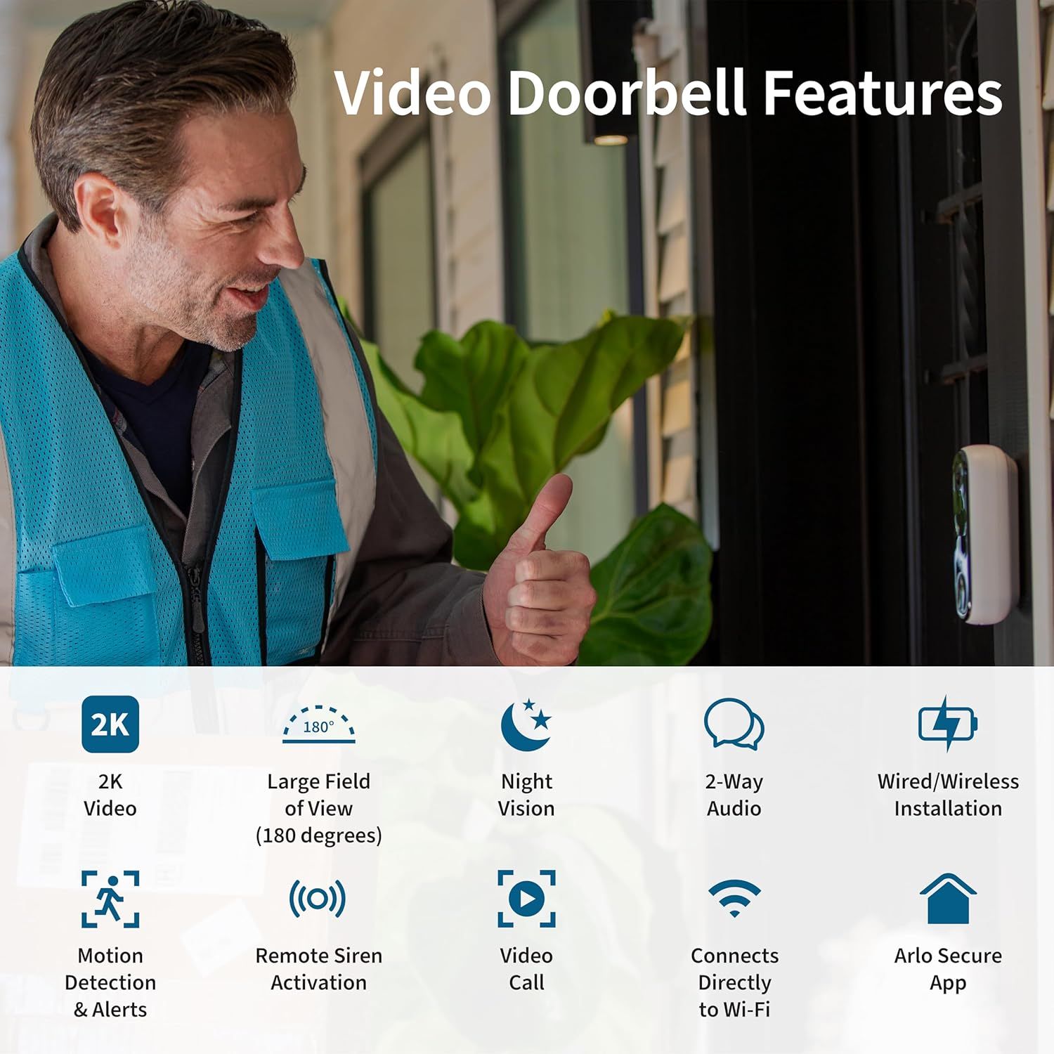 Arlo Video Doorbell 2K|2nd Gen|Wire-Free Battery,2-Way Audio,Night Vision,Siren|Live Video|Head to Toe 180 Wide View