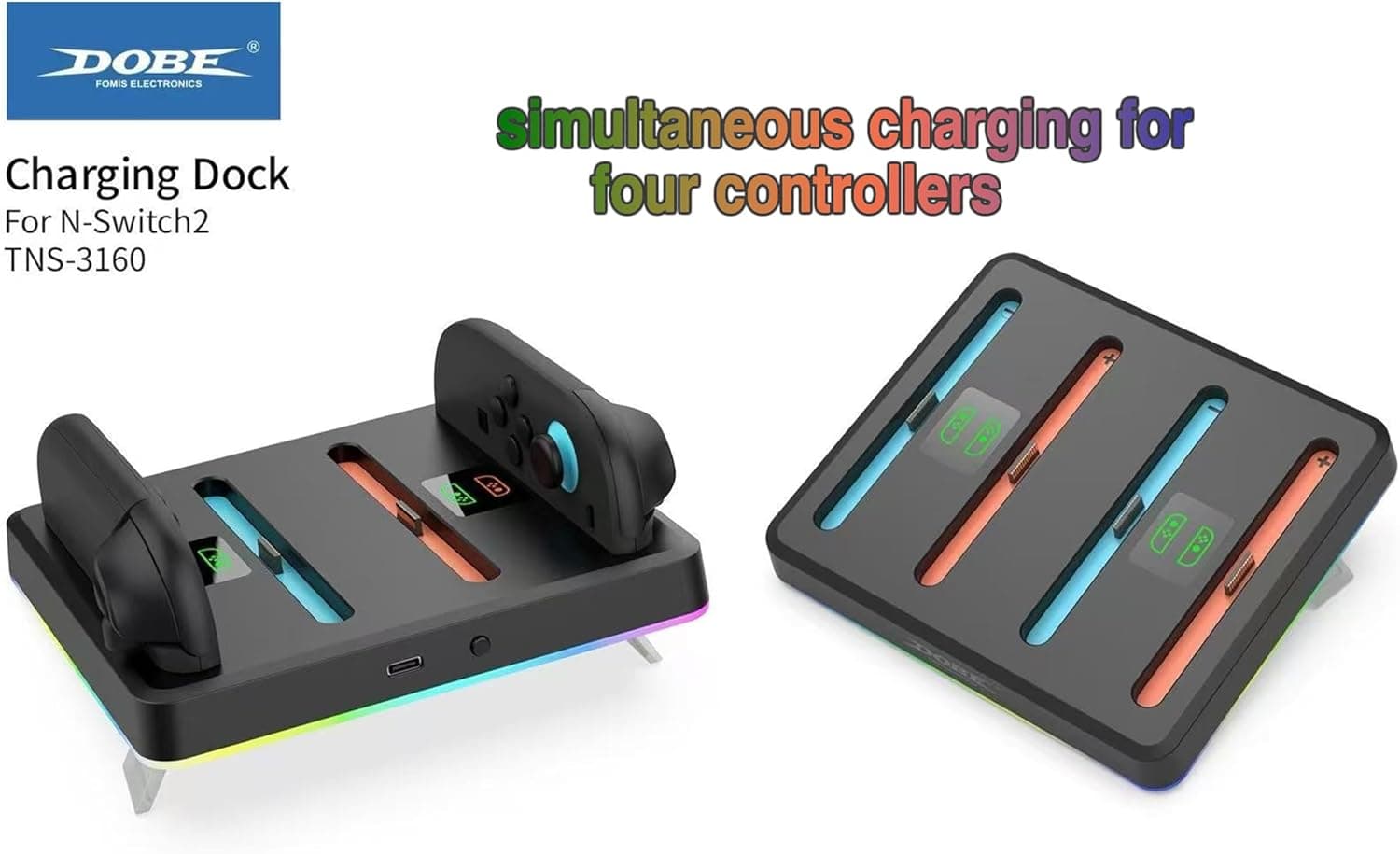 Nintendo Switch 2 Charging Dock 4 Controllers - RGB Lighting Wall Mountable - DOBE