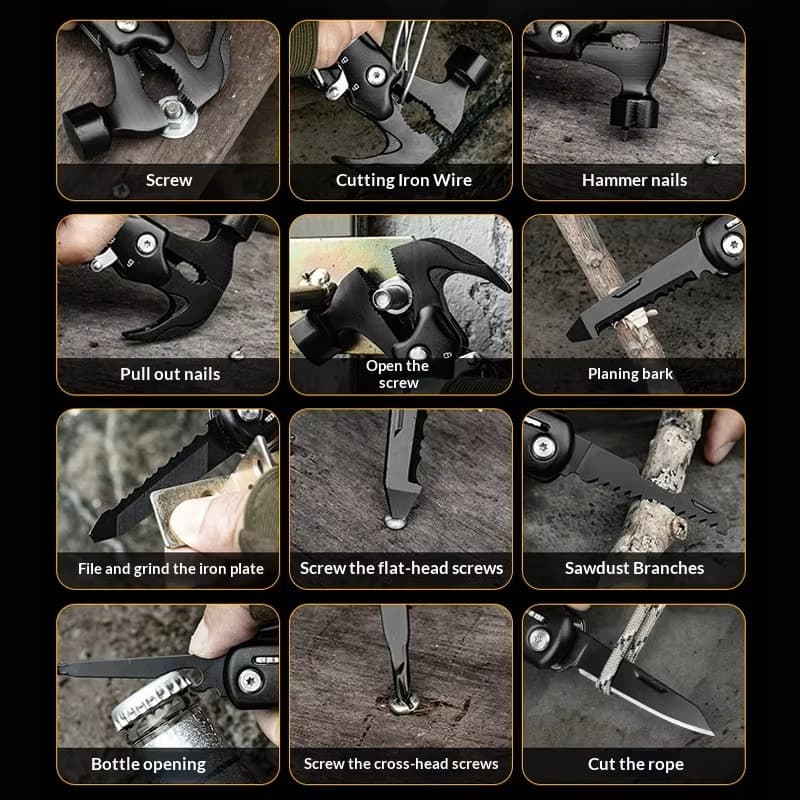 Safebros PF17 Multi-functional Knife Pliers Hammer Folding Portable Aluminum Claw Hammer Multi-Purpose Emergency Tool