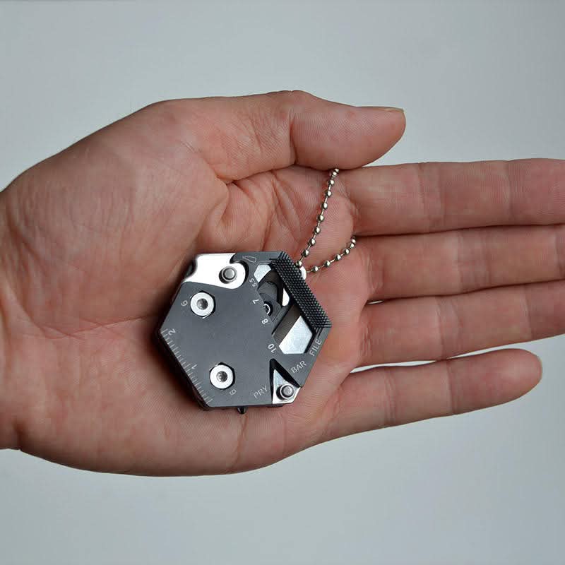 Safebros Hexagonal Shape Multi Tool Keychain, Portable Pocket Multitool with Folding Cutter, Screwdriver Set, Bottle Opener, and More for Outdoor Hiking, Camping