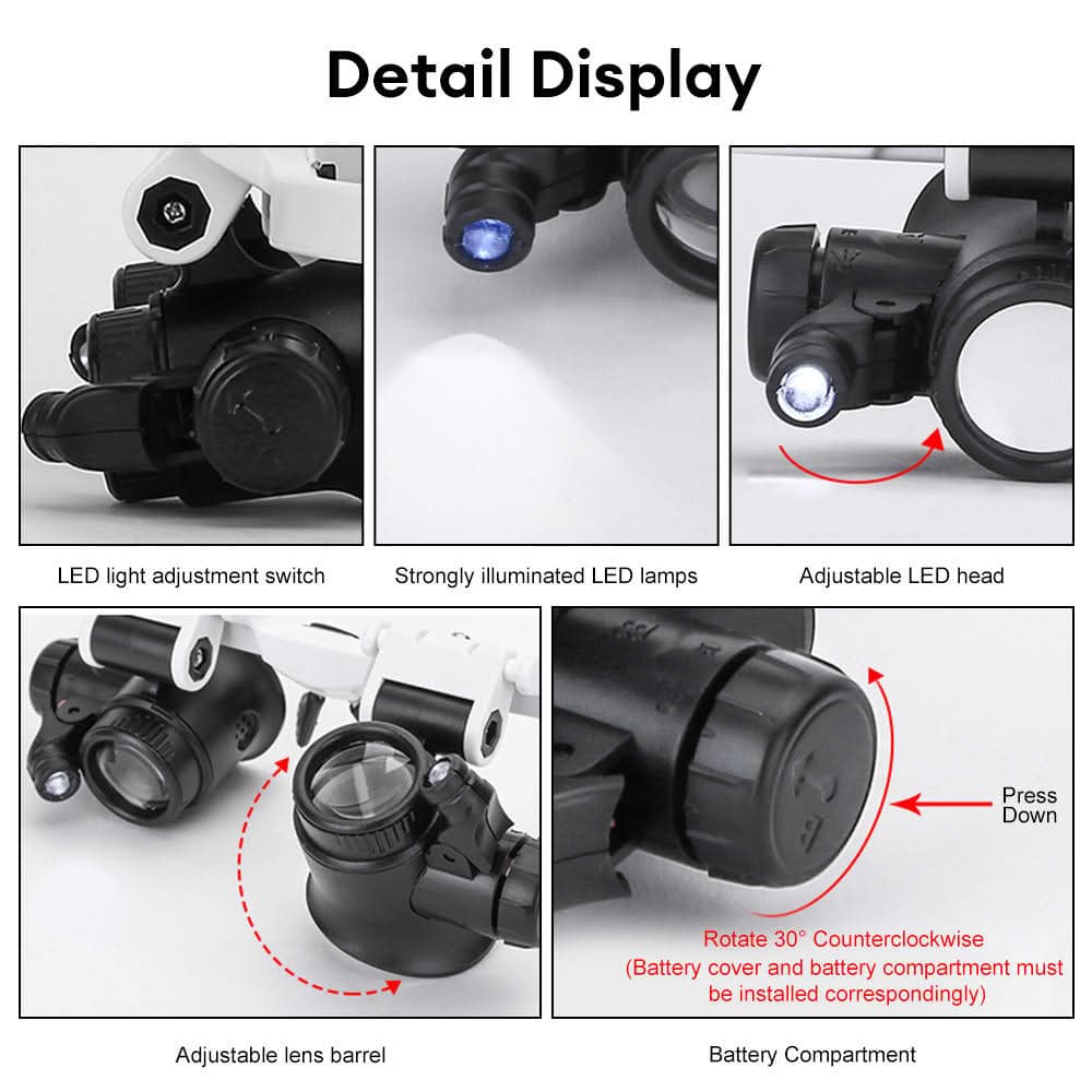 Safebros Magnifying Glasses 8X 15X 23X Magnifier LED Headband Glass Eye Magnifying Repair Tool Watchmaking Jewelry Necklace Magnifier Glasses Beading Biology Loupe Microscope