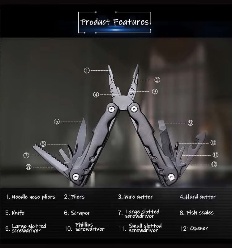 Safebros Multitool 17-in-1 Stainless Steel Multi Tool with Pocket Knife Needle Nose Pliers Bottle Opener Screwdriver Self-Locking Professional Multi-Tool for Outdoor Survival Gifts for Men