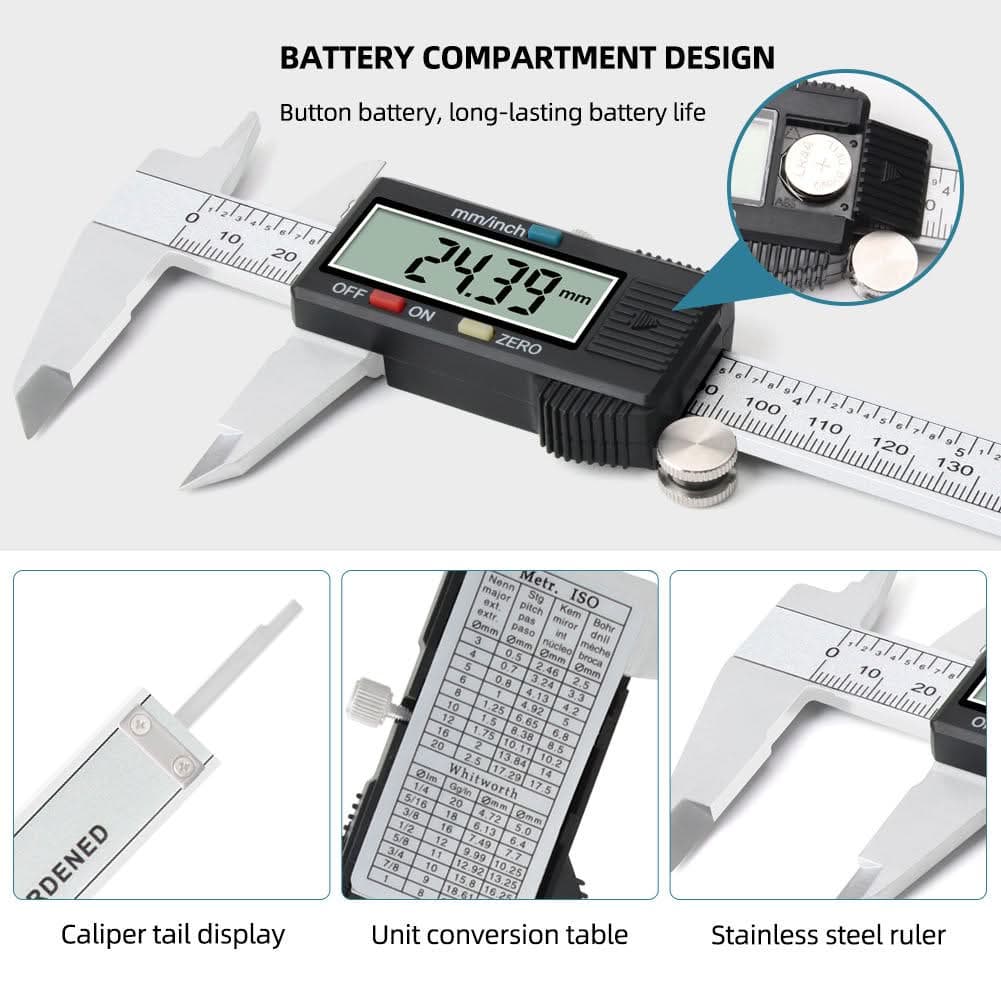 Safebros Caliper Measuring Tool, Qfun Vernier Digital Caliper Stainless Steel 6 Inch/150mm, Digital Micrometer Waterproof, Easy Switch from Inch to Millimeter, Large LCD Screen