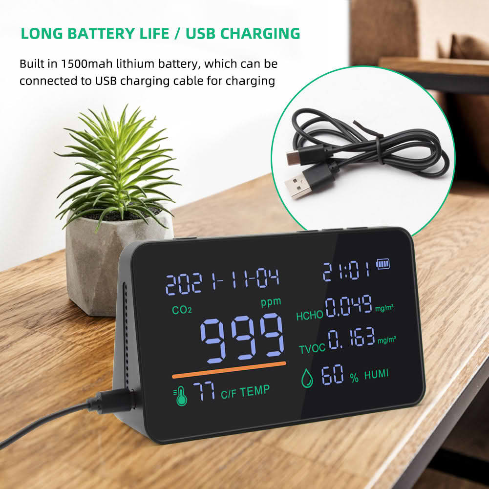 Safebros 7-in-1Multifunction CO2 Meter TVOC HCHO Air Gas Quality Tester Humidity Temperature Detector LCD Display Alarm Pollution Monitor