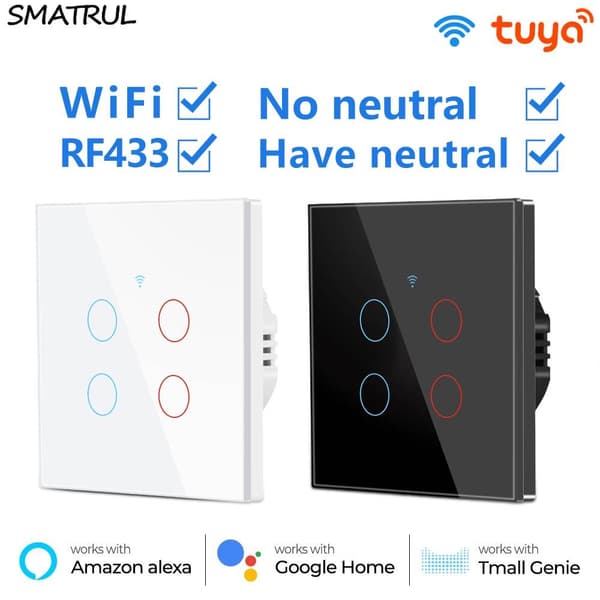 SMATRUL Tuya/Smart life WiFi Smart Switch Wall Light Switches No Neutral Wire 4 Gang Timer Home Automation Work for Google Home/Alexa/Tmall Genius
