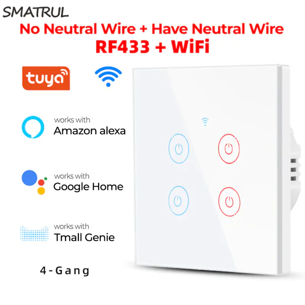 SMATRUL Tuya/Smart life WiFi Smart Switch Wall Light Switches No Neutral Wire 4 Gang Timer Home Automation Work for Google Home/Alexa/Tmall Genius