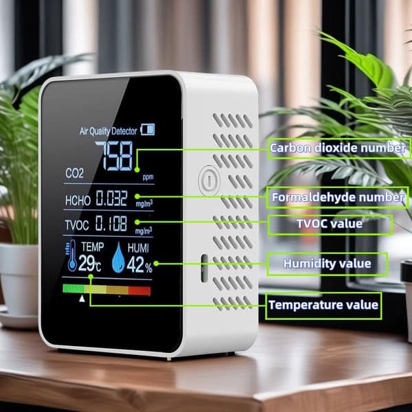 Tuya 5-in-1 Indoor Air Quality Monitor, Professional Portable Detector&Accurate CO2,HCHO,TVOC,Humidity& Temperature,LED Display, 2s Refresh,for Home, Office,School, Hotel,Car Air Quality Tester
