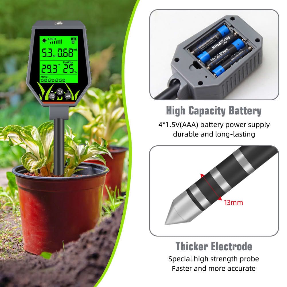 Safebros 6 in 1 Soil Tester Soil PH/EC/humidity/Fertility/Light /temperature Soil Testing Tools - Updated Futuristic New Model