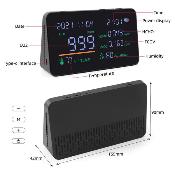 Safebros 7-in-1Multifunction CO2 Meter TVOC HCHO Air Gas Quality Tester Humidity Temperature Detector LCD Display Alarm Pollution Monitor