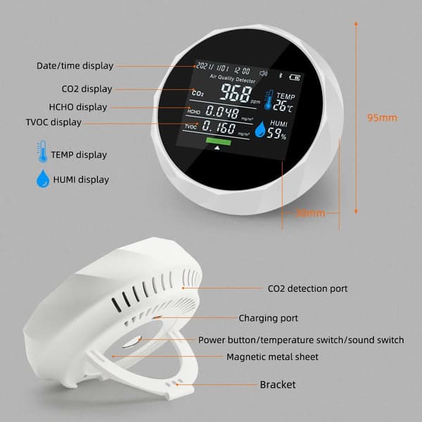 Safebros Multifunction Air Quality Monitor (TVOC HCHO CO2 Meter Gas Humidity Temperature) tester Blue Tooth Control Detector