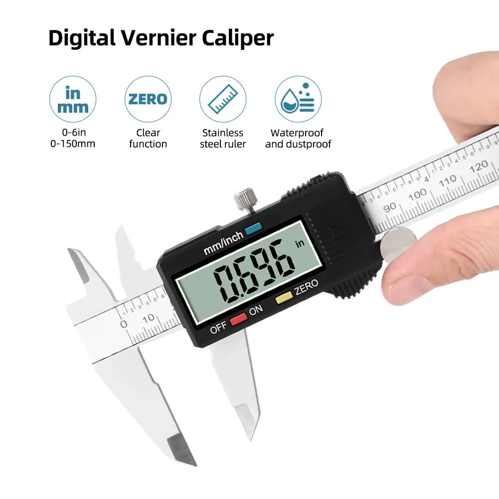 Safebros Caliper Measuring Tool, Qfun Vernier Digital Caliper Stainless Steel 6 Inch/150mm, Digital Micrometer Waterproof, Easy Switch from Inch to Millimeter, Large LCD Screen